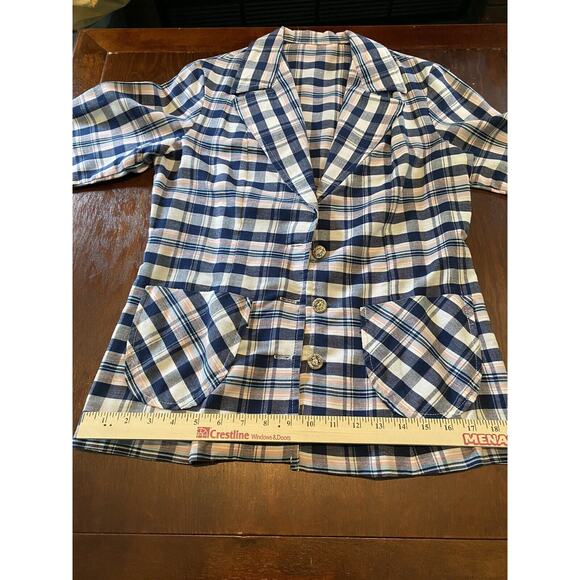 Avon Family Fashions Plaid Linen Open Jacket VTG Button Up Pink & Blue Cottage - Picture 10 of 11